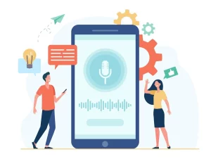 Ilustração representando a curadoria do conteúdo em áudio do Google Discover, mostrando pessoas interagindo com um smartphone com recursos de áudio e comunicação.