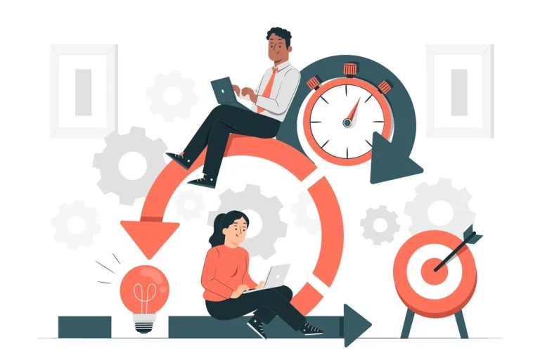 Ilustração sobre gestão de tempo, mostrando duas pessoas trabalhando com laptops, um relógio e engrenagens, simbolizando produtividade e eficiência.