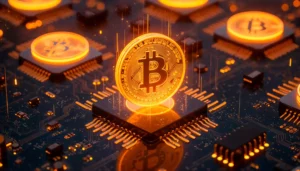 Imagem ilustrativa sobre como declarar Bitcoin no IR de forma simples e segura, mostrando uma moeda digital de Bitcoin brilhando sobre um chip de computador.