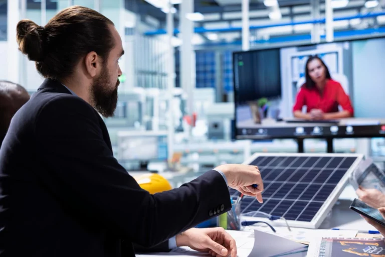 Empreendedor participando de uma reunião sobre venda e instalação de inversores de energia solar no Brasil, com foco em oportunidades de negócios e estratégias para empreender nesse mercado sustentável.