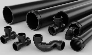 Imagem mostra diversos tubos e conexões de PVC preto, utilizados em instalações hidráulicas para condução de água e esgoto.