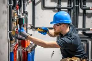 Técnico realizando manutenção na instalação hidráulica residencial com ferramentas e tubulações na parede.