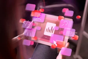 Pessoa utilizando um tablet com elementos gráficos digitais que representam design responsivo e aumento do engajamento do usuário na internet.