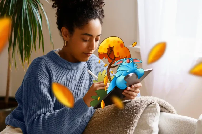 Mulher utilizando um dispositivo móvel com elementos de ilustração de árvores, animais e folhas ao redor, simbolizando o impacto do neuromarketing na tomada de decisões de compra.