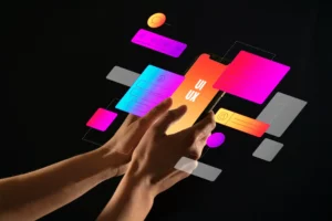 Imagem representando o papel do design de movimento na construção da identidade digital, com elementos visuais coloridos relacionados a UI/UX e interação em dispositivos móveis.