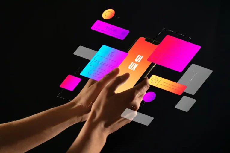 Imagem representando o papel do design de movimento na construção da identidade digital, com elementos visuais coloridos relacionados a UI/UX e interação em dispositivos móveis.