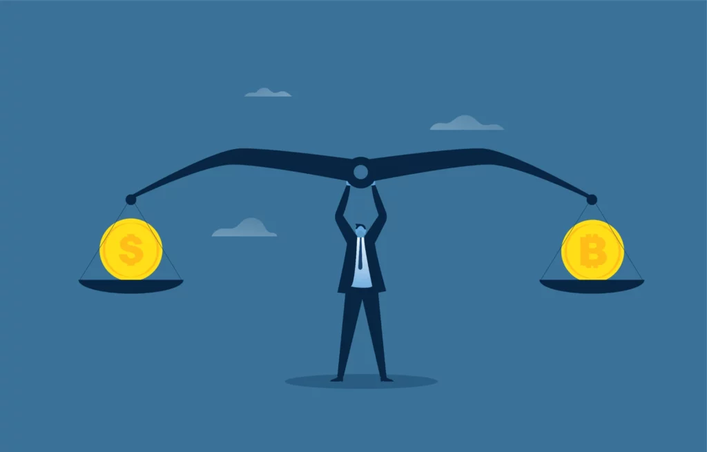Ilustração de homem segurando balança que compara o custo em dólares e bitcoin, destacando o ponto de equilíbrio financeiro do negócio.