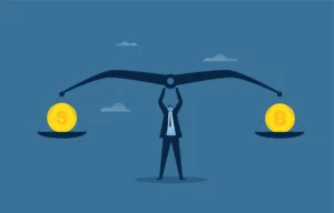 Ilustração de homem segurando balança que compara o custo em dólares e bitcoin, destacando o ponto de equilíbrio financeiro do negócio.