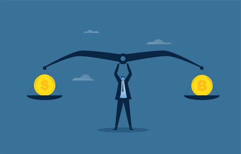 Ilustração de homem segurando balança que compara o custo em dólares e bitcoin, destacando o ponto de equilíbrio financeiro do negócio.