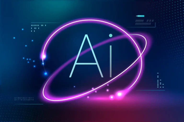 Ilustração futurista de inteligência artificial (IA) com efeito de neon, representando a aplicação prática de IA por empresas para gerar receita.