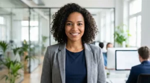 Profissional feminina sorridente em ambiente de escritório, representando estratégias para aumentar o engajamento do time sem aumentar custos fixos.