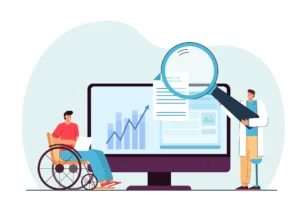 Acessibilidade Digital: Benefícios para Empresas e Consumidores: Ilustração de acessibilidade digital: uma pessoa em cadeira de rodas ao lado de um computador com gráficos, enquanto outra usa uma lupa para analisar documentos e informações na tela, destacando benefícios para pessoas e empresas.