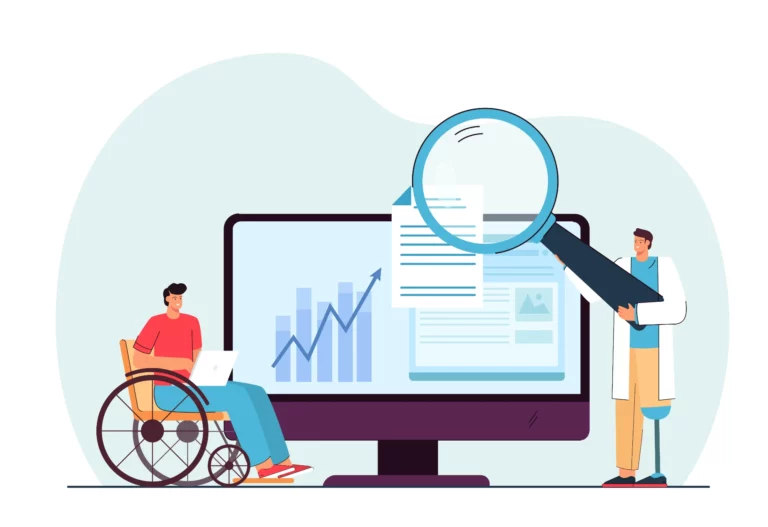 Acessibilidade Digital: Benefícios para Empresas e Consumidores: Ilustração de acessibilidade digital: uma pessoa em cadeira de rodas ao lado de um computador com gráficos, enquanto outra usa uma lupa para analisar documentos e informações na tela, destacando benefícios para pessoas e empresas.