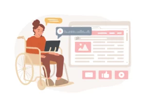 Ilustração de uma pessoa em cadeira de rodas usando um notebook, com um painel de comunicação e botões de redes sociais ao fundo, representando Erros de Acessibilidade Que Prejudicam a Experiência do Usuário