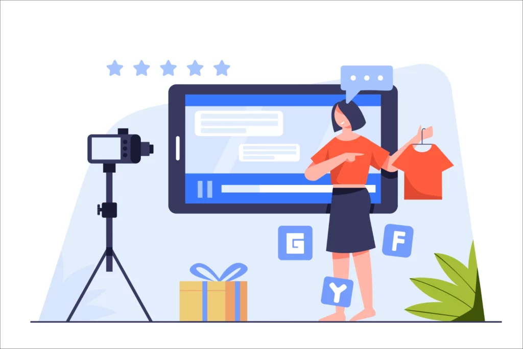 Personalização em Escala: Usando Dados Comportamentais Sem Parecer Invasivo: Ilustração vetorial de uma pessoa apresentando roupas personalizadas em uma tela de computador, com câmera em tripé e feedback com estrelas, além de caixas de presente e ícones de avaliação.