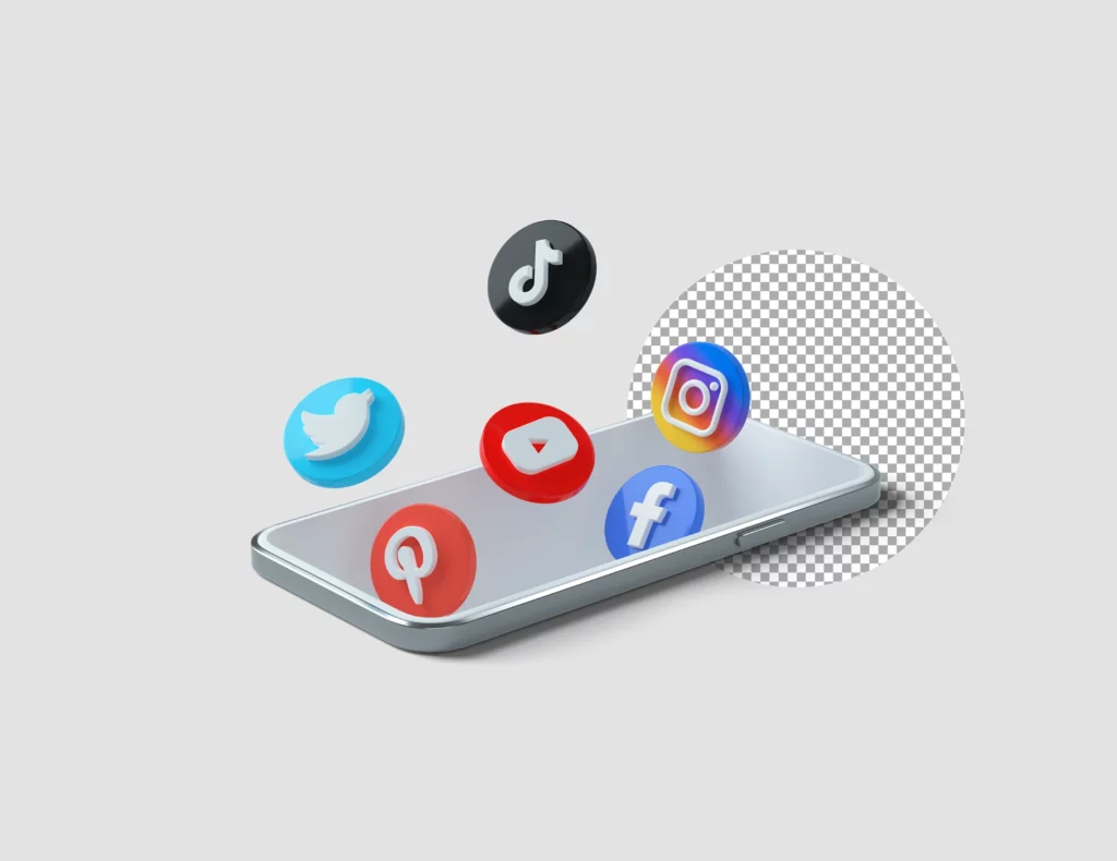 Como medir se o marketing digital está realmente gerando resultados: Smartphone com ícones de redes sociais e marketing digital, como Facebook, Instagram, YouTube, Pinterest e TikTok, representando métricas e resultados em campanhas.