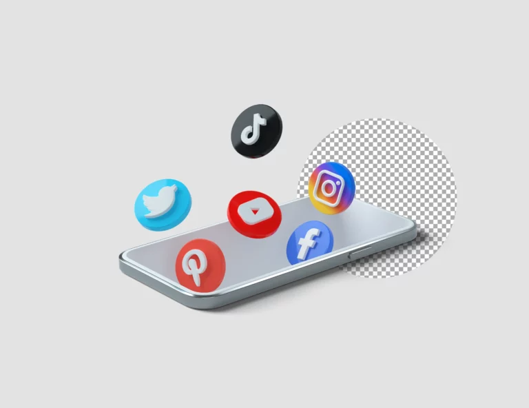 Como medir se o marketing digital está realmente gerando resultados: Smartphone com ícones de redes sociais e marketing digital, como Facebook, Instagram, YouTube, Pinterest e TikTok, representando métricas e resultados em campanhas.